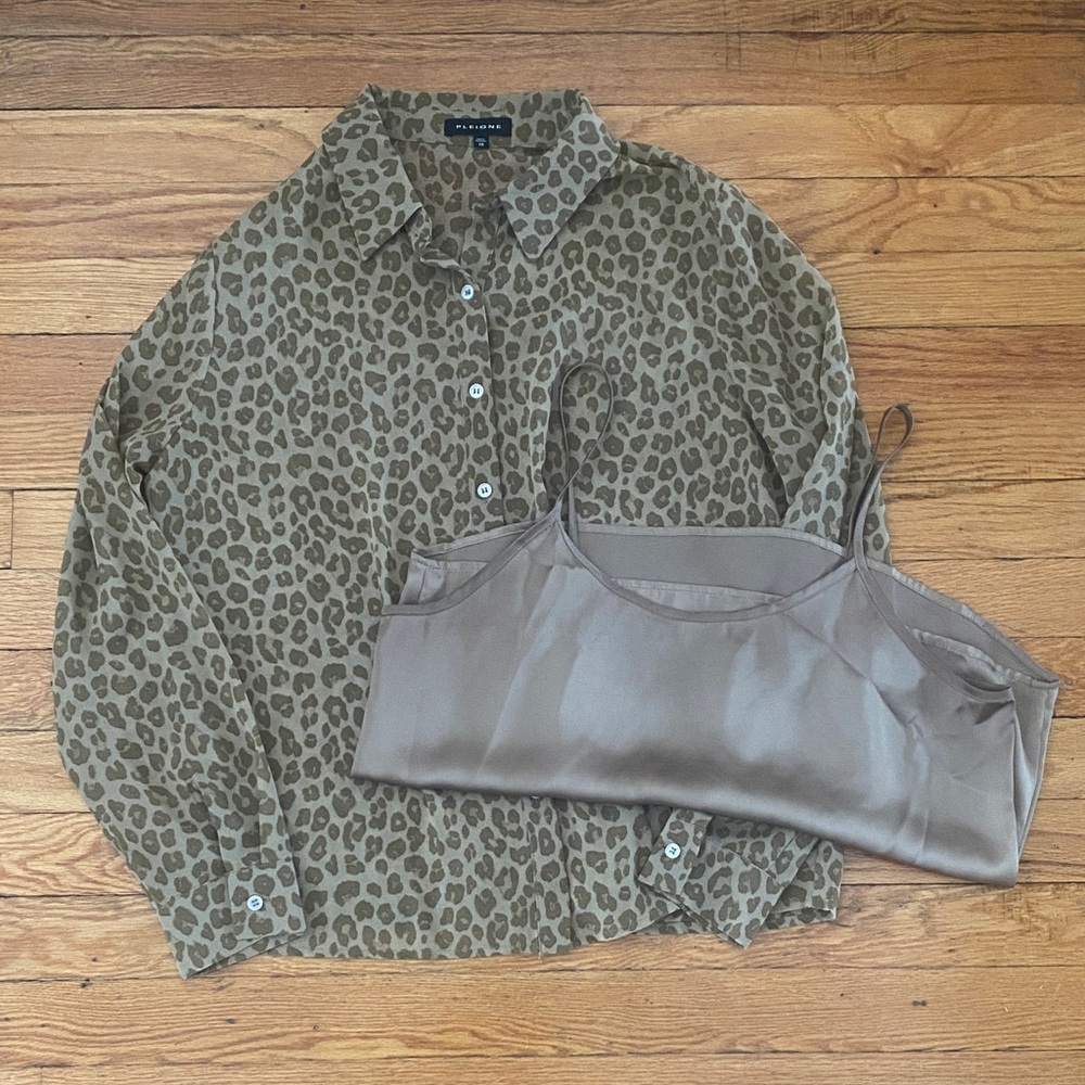 Pleione Leopard Print Button-Up Shirt and Satin Tank Top